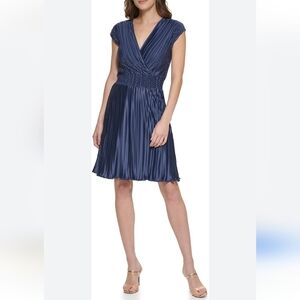 DKNY Women’s Pleated Smocked-Waist V Neck Dress. Dark Blue. Size 14.